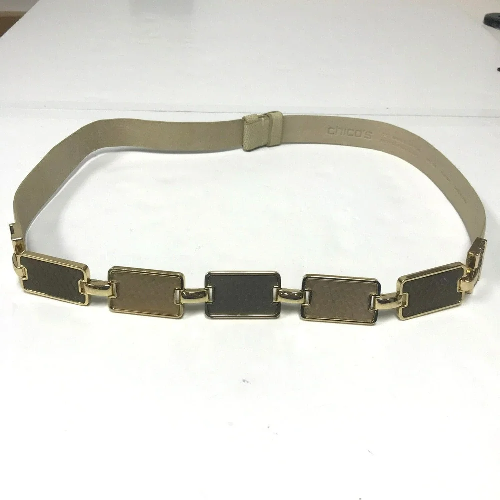 Chicos Belt Womens S/M Tan Reptile Embossed Leather Tan Golden Brown Links